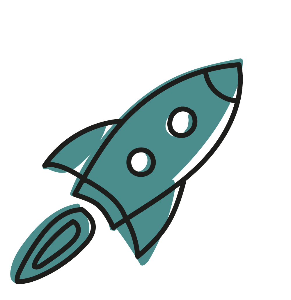 Illustration einer Rakete, die von links unten nach rechts oben fliegt